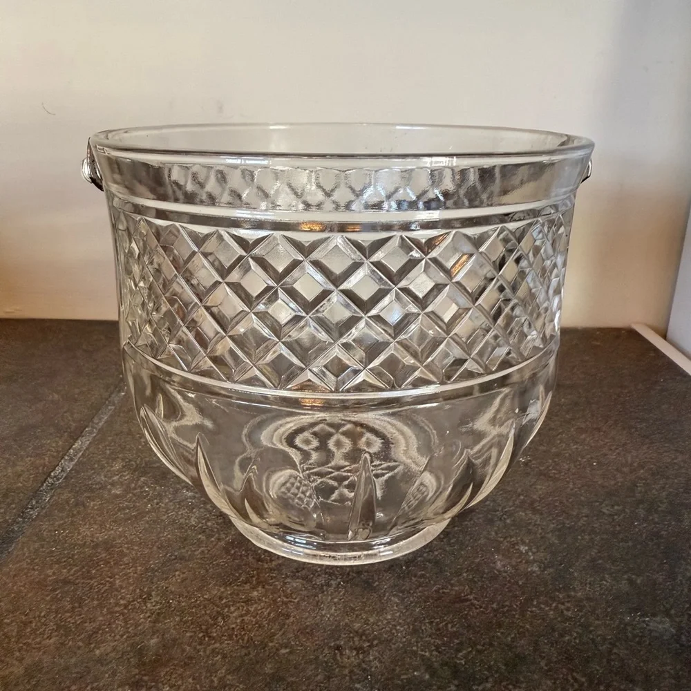 Vintage Cut Glass Ice Bucket Bowl w/ Metal Handle Barware